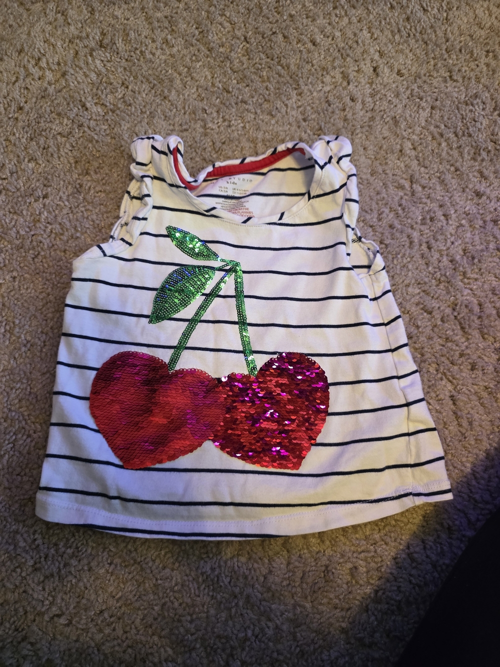Max Studio White & Navy Stripe Tank with Sequin Cherry